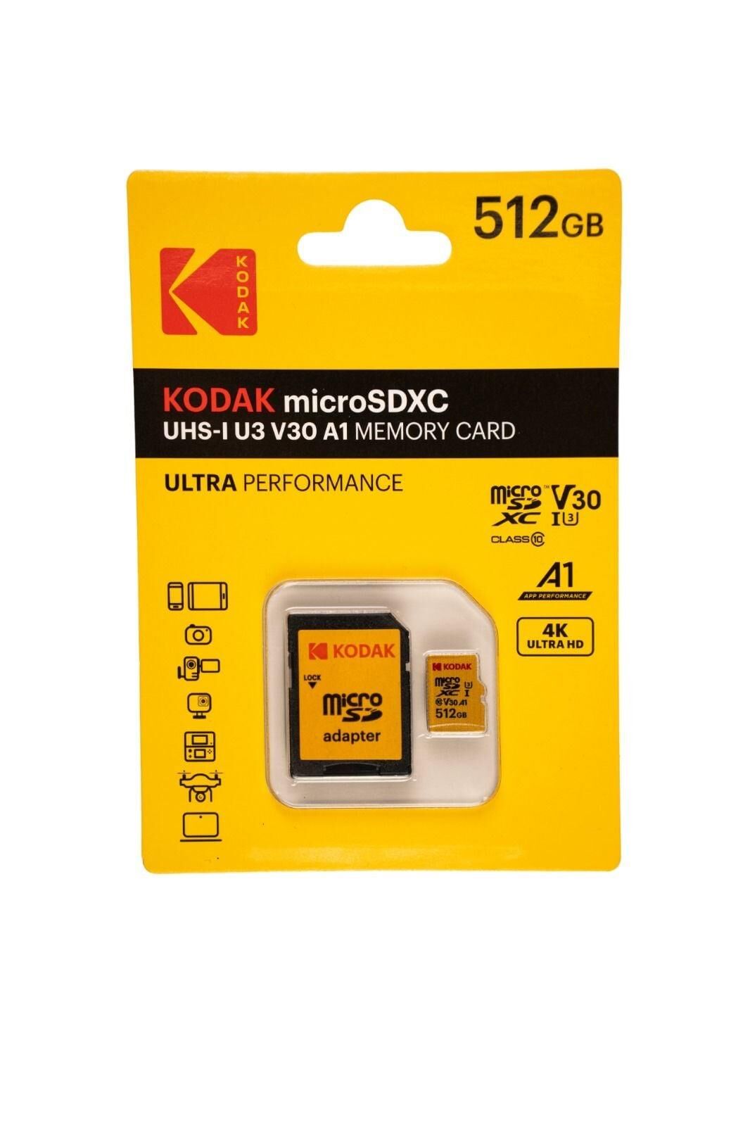 Kodak 512GB Micro SD UHS-I U3/V30/A1 Yellow Kart + Adaptör