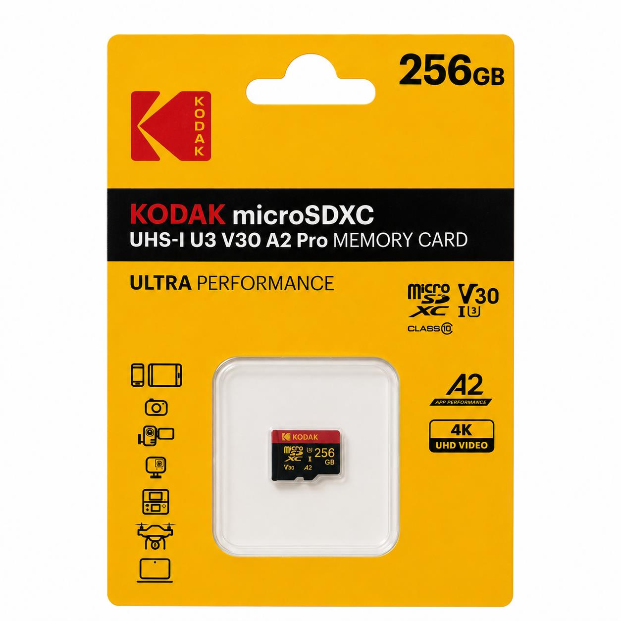 Kodak 256GB UHS-I U3 A2 V30 PRO Micro SD Hafıza Kartı (Pocket Kameralarla Uyumlu) (160MB/s - 145MB/s)