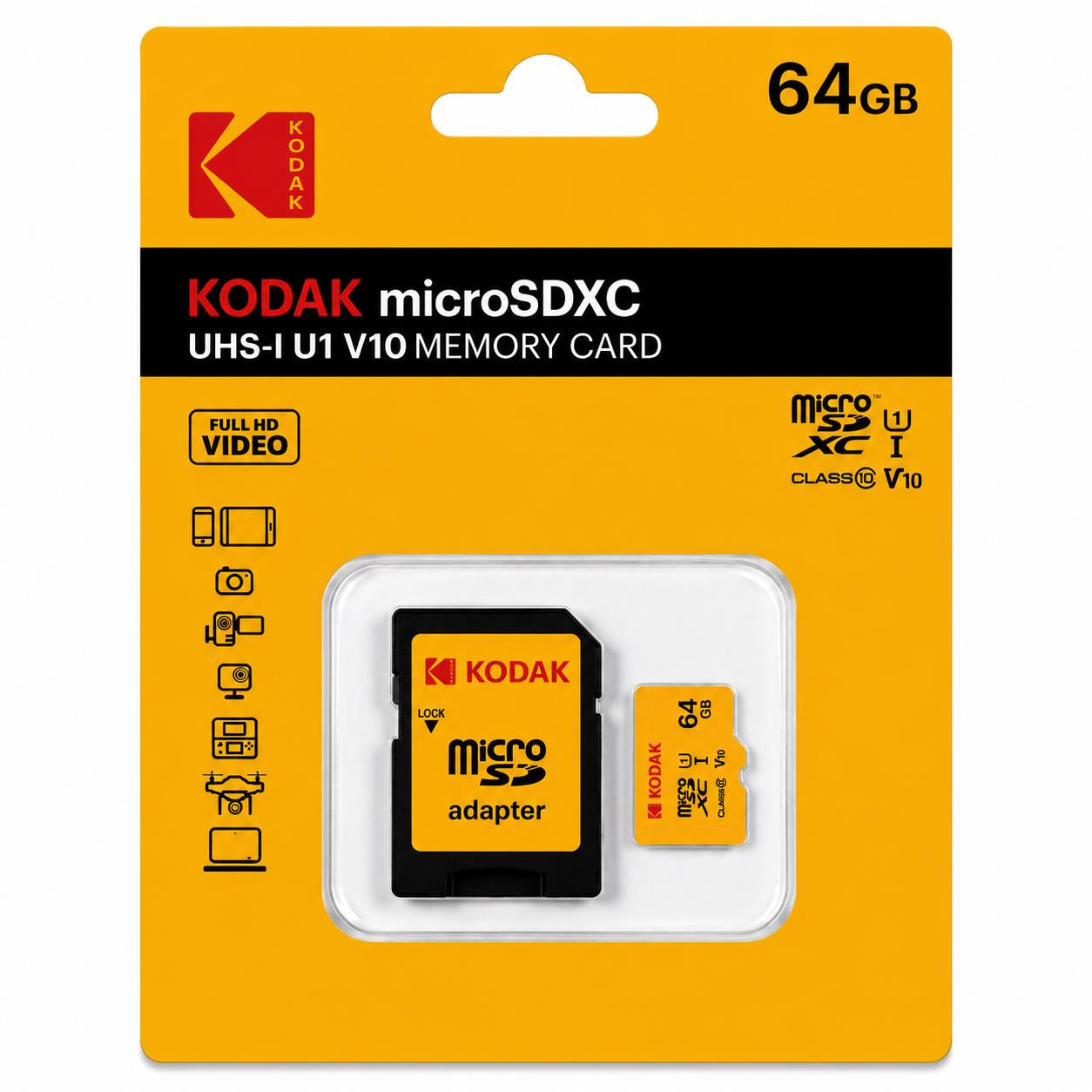 Kodak 64GB Micro SD UHS-I C10 U1 V10 Kart + Adaptör (Sarı)