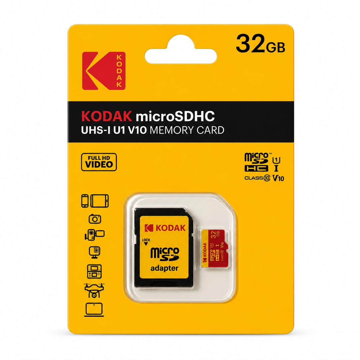 Kodak 32GB Micro SD UHS-I C10 U1 V10 Kart + Adaptör (Kırmızı)