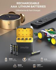 Imuto 1300 mWh AAA Lityum Şarjlı Pil Seti (8’li) + 8 Yuvalı Şarj Ünitesi