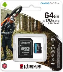 KINGSTON 64GB MICROSDXC CANVAS GO PLUS 170R A2 U3 V30 CARD + SD ADAPTER SDCG3/64GB