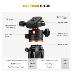 K&F Concept 190cm Alüminyum Tripod (S255A3+BH-36)