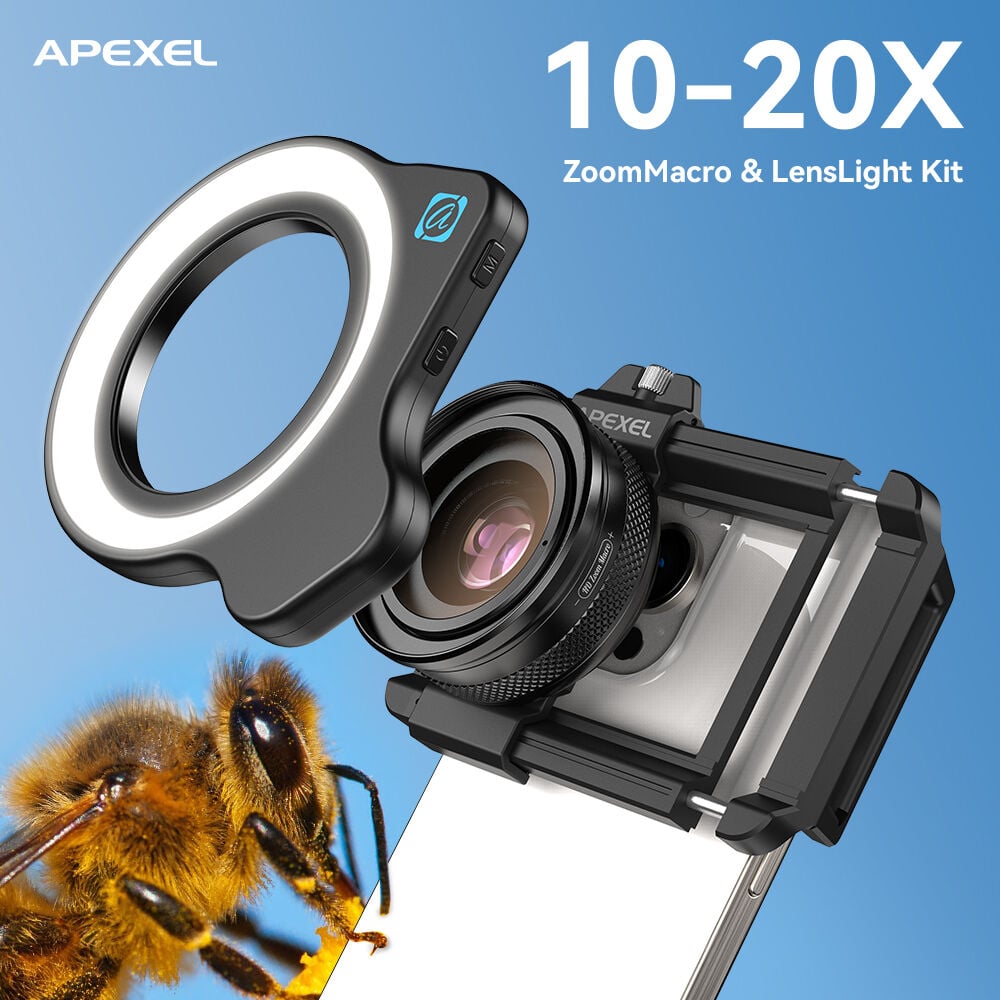 Apexel 10-20X Zoom Makro Lens+Halka Işık